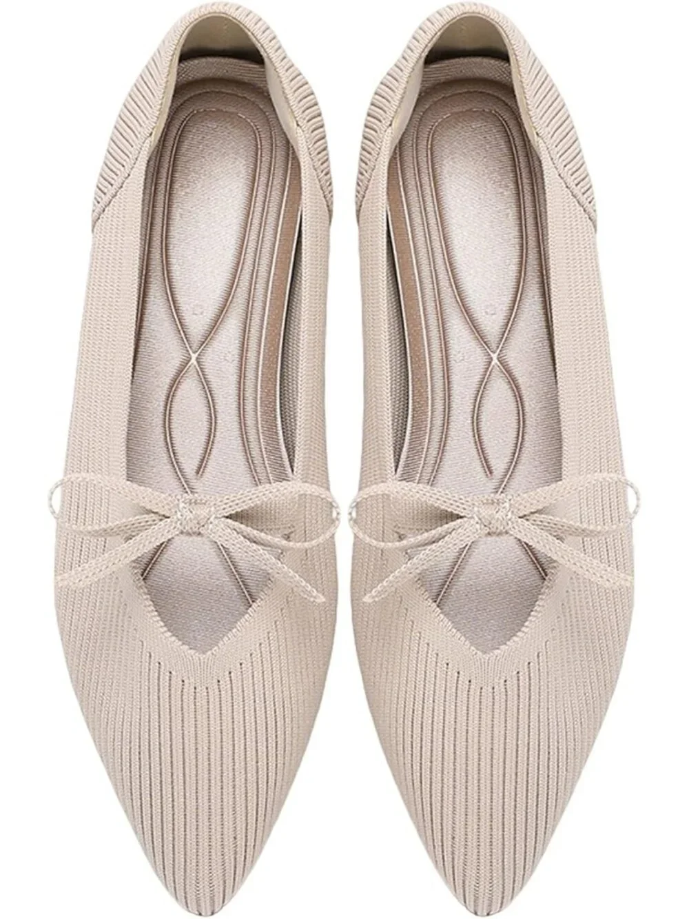 Women's Beige Pointed Toe Flats Comfortable Knit Ballet Shoes Washable Dressy